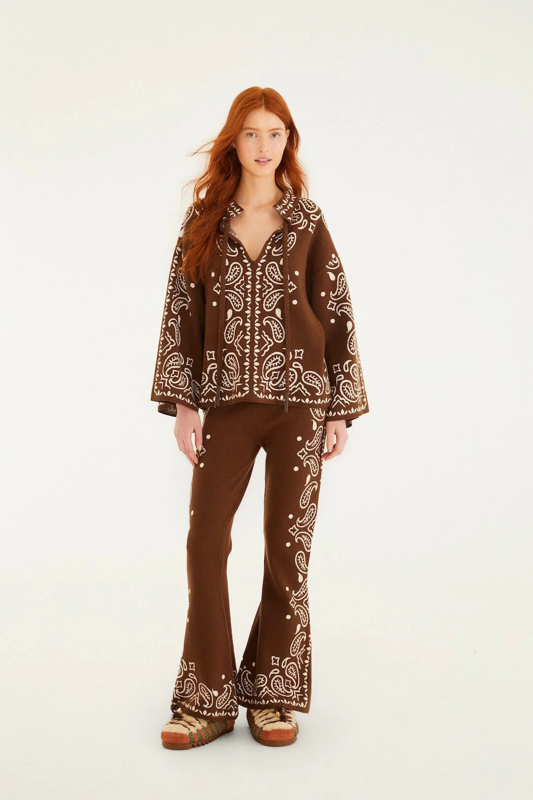 Brown Bohemian Paisley Beaded Rope Knit Sweater - Image 4