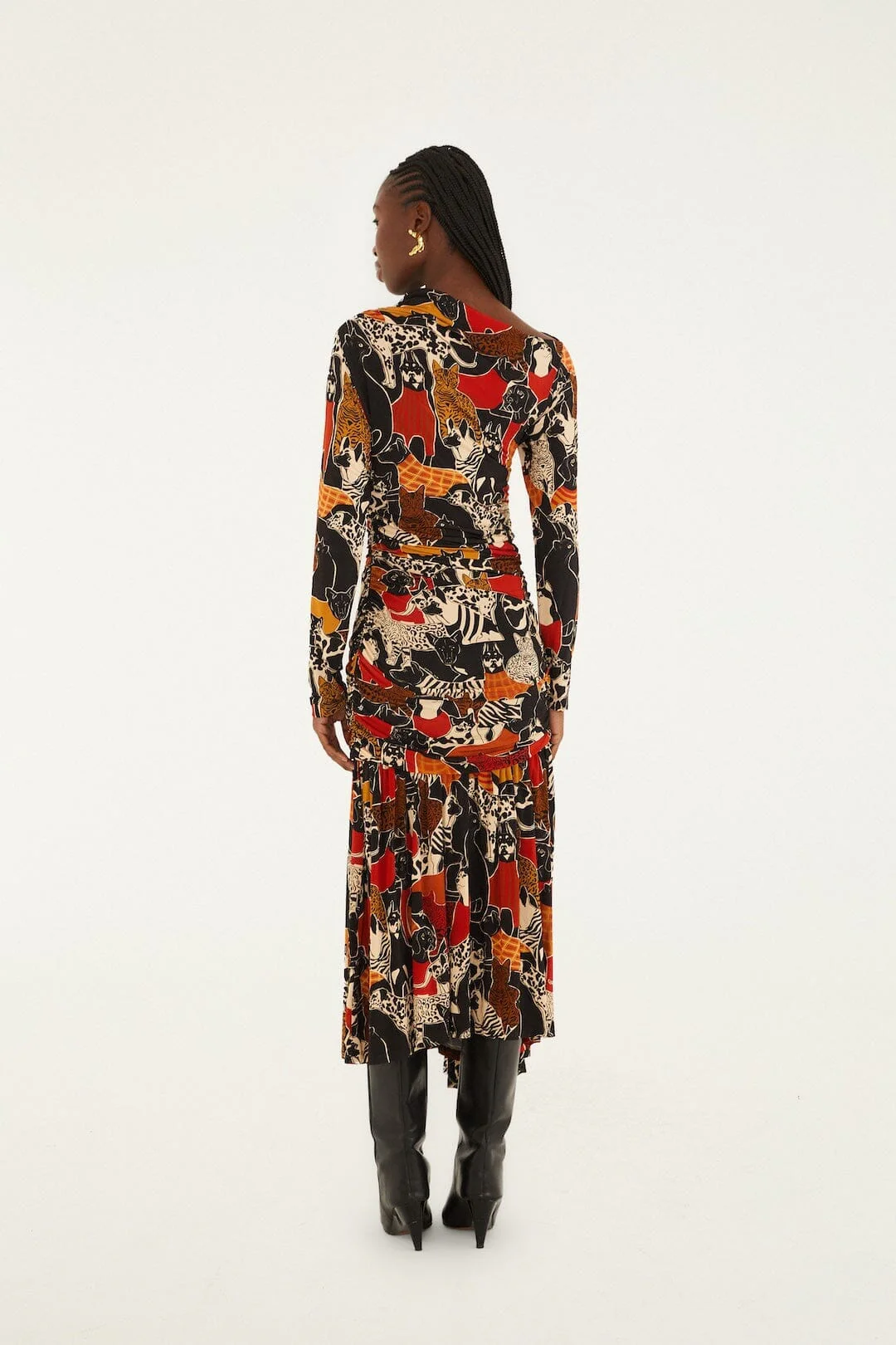 Multicolor Cats And Dogs Long Sleeve Draped Midi Dress - Image 3