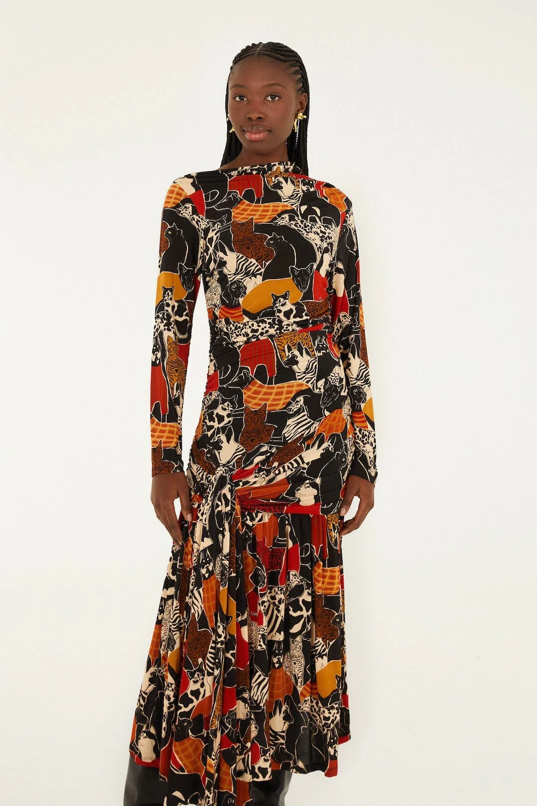 Multicolor Cats And Dogs Long Sleeve Draped Midi Dress - Image 4