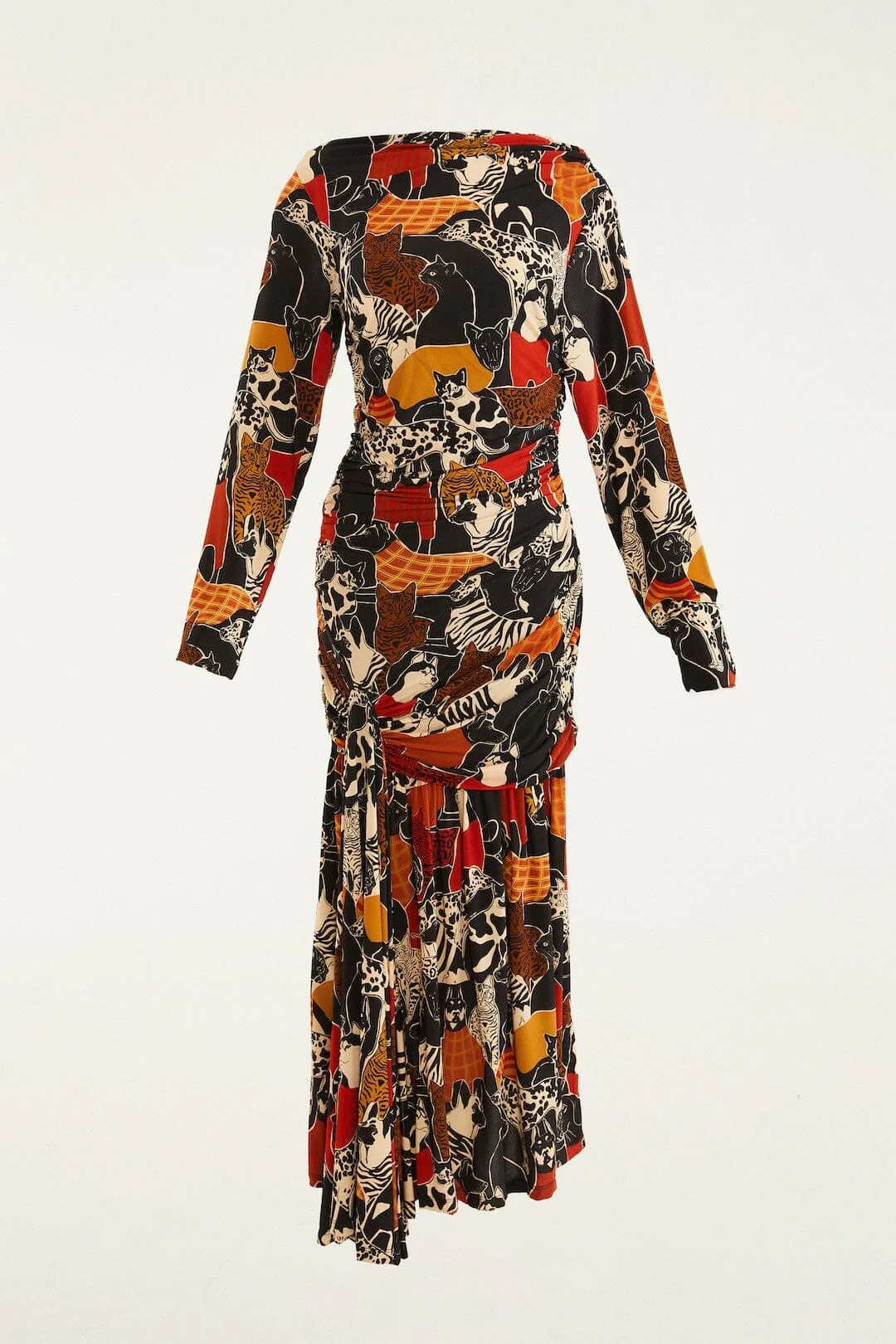 Multicolor Cats And Dogs Long Sleeve Draped Midi Dress - Image 5