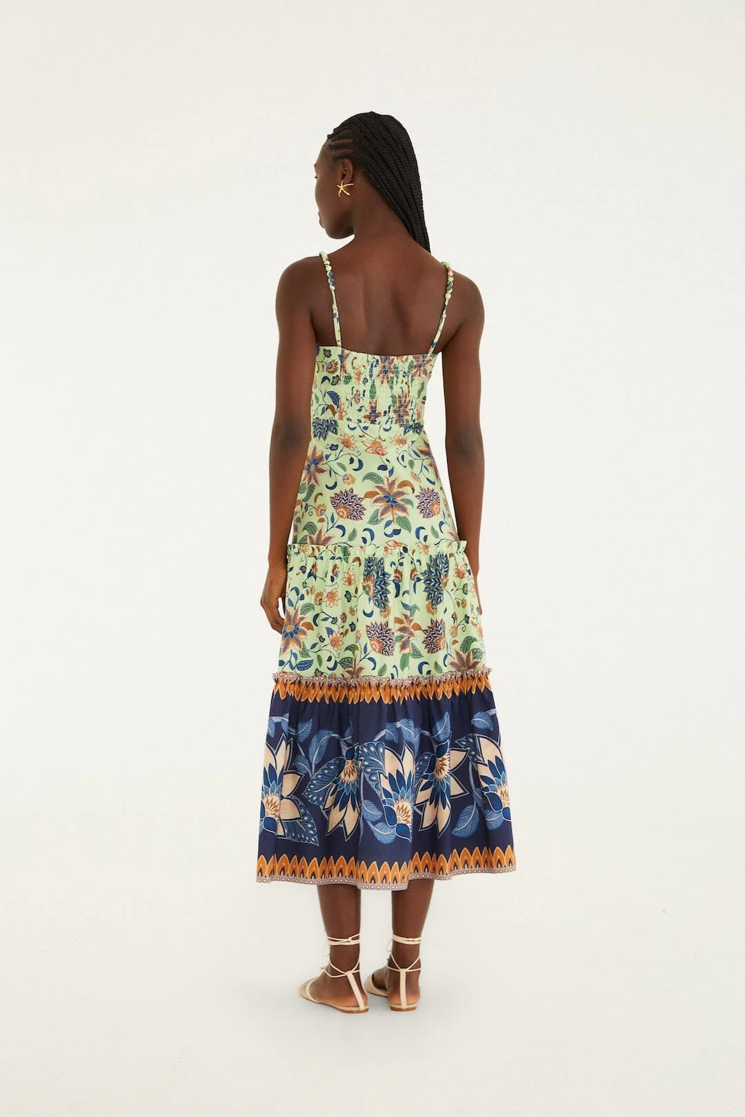 Green Floral Delhi Tapestry Beaded Straps Midi Dress - Image 3