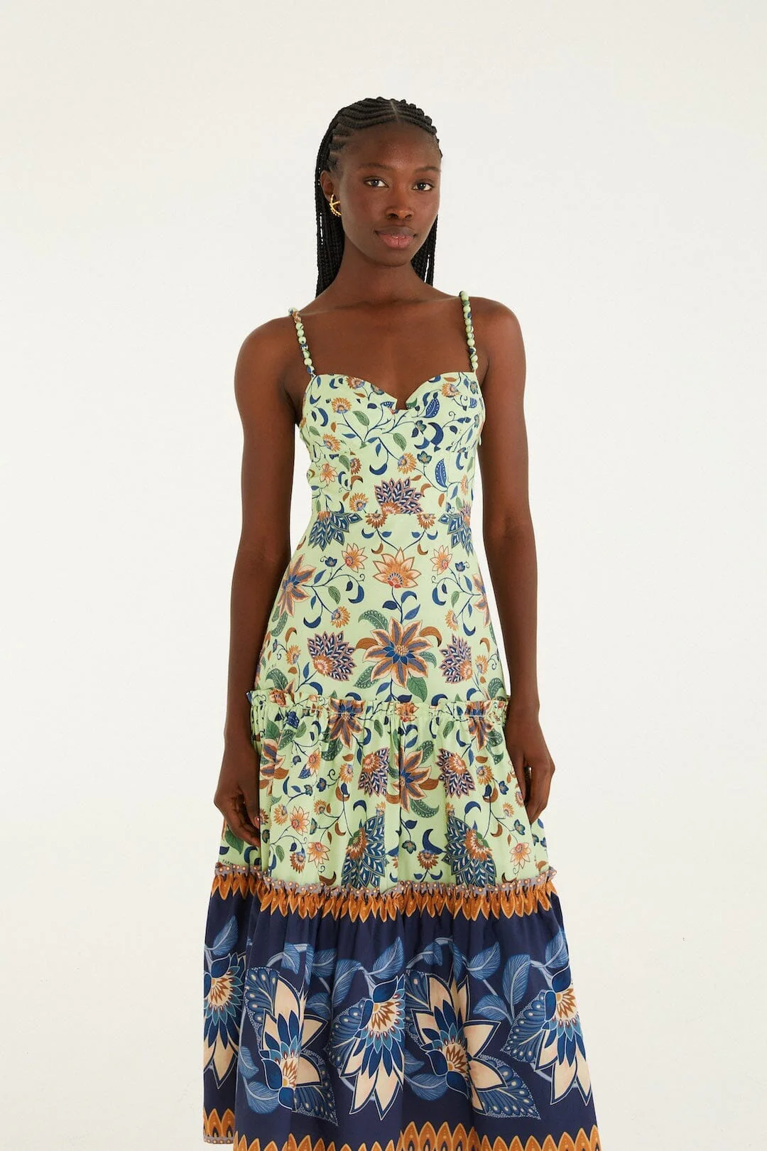 Green Floral Delhi Tapestry Beaded Straps Midi Dress - Image 4