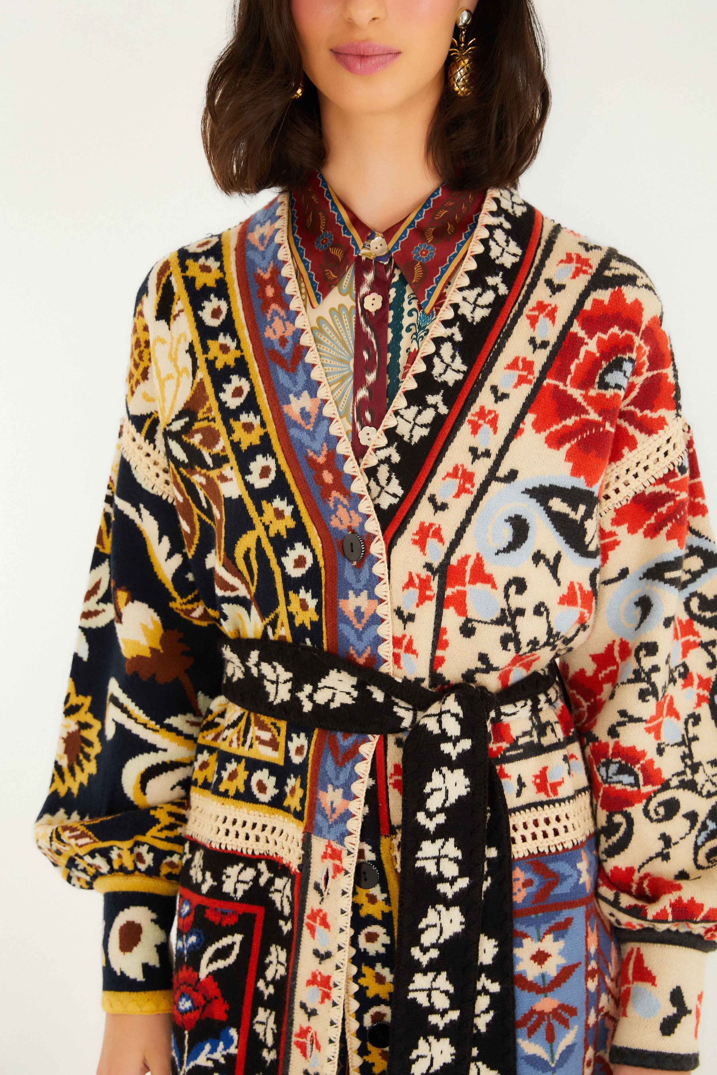 Mixed Flower Print Patchwork Knit Midi Cardigan - Image 3