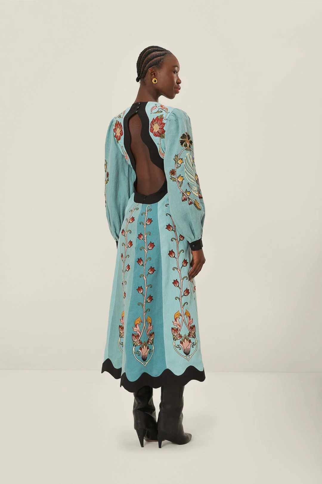 Blue Flowing Beauty Embroidered Long Sleeve Midi Dress - Image 3
