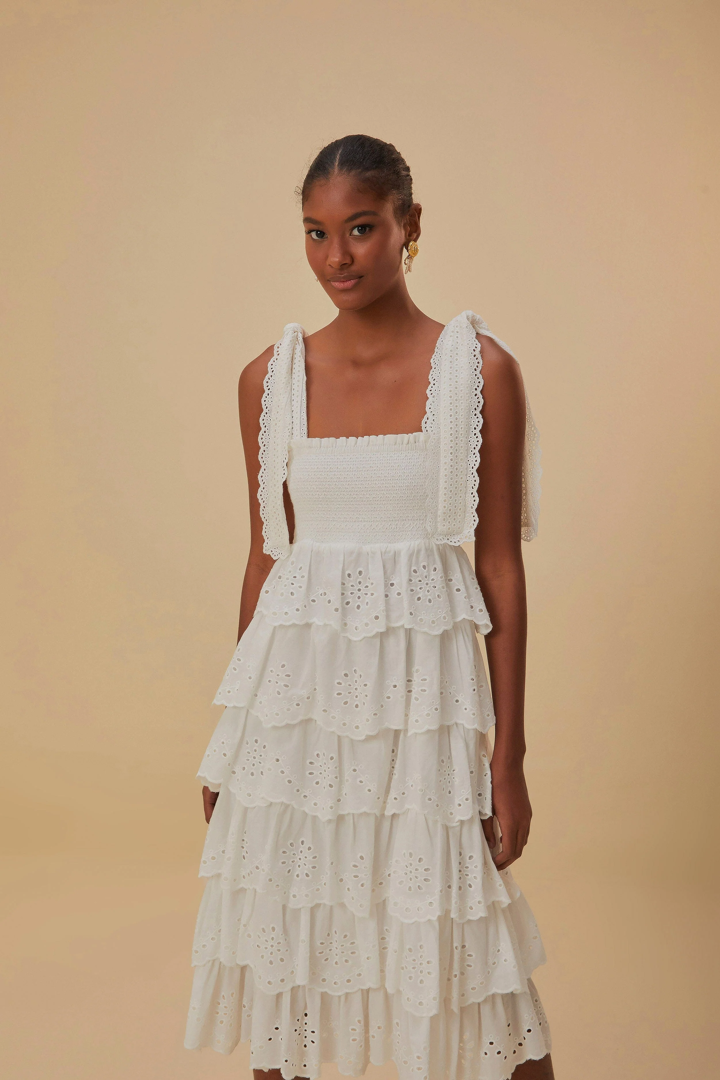 Off-White Embroidered Ruffle Midi Dress - Image 3