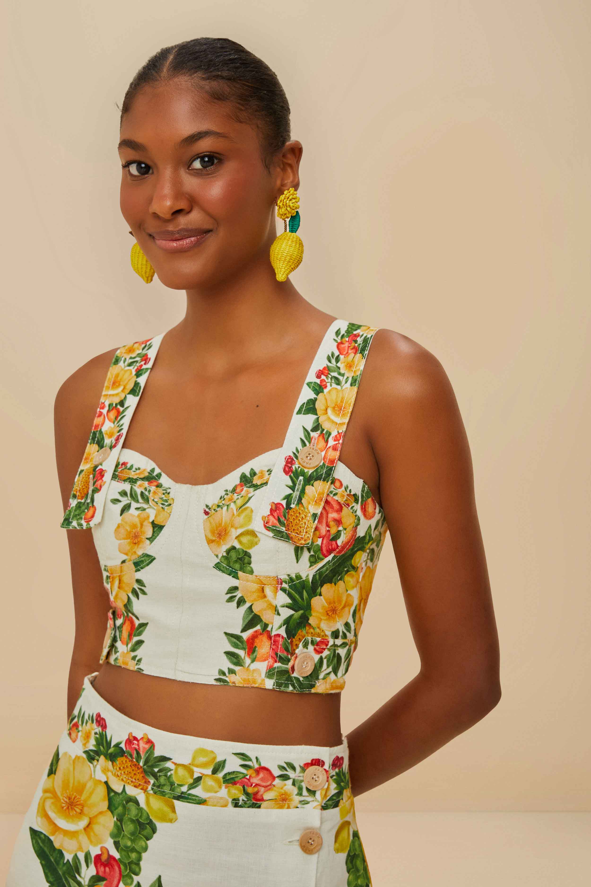 Off-White Picnic Flowers Euroflax™ Premium Linen Crop Top - Image 3