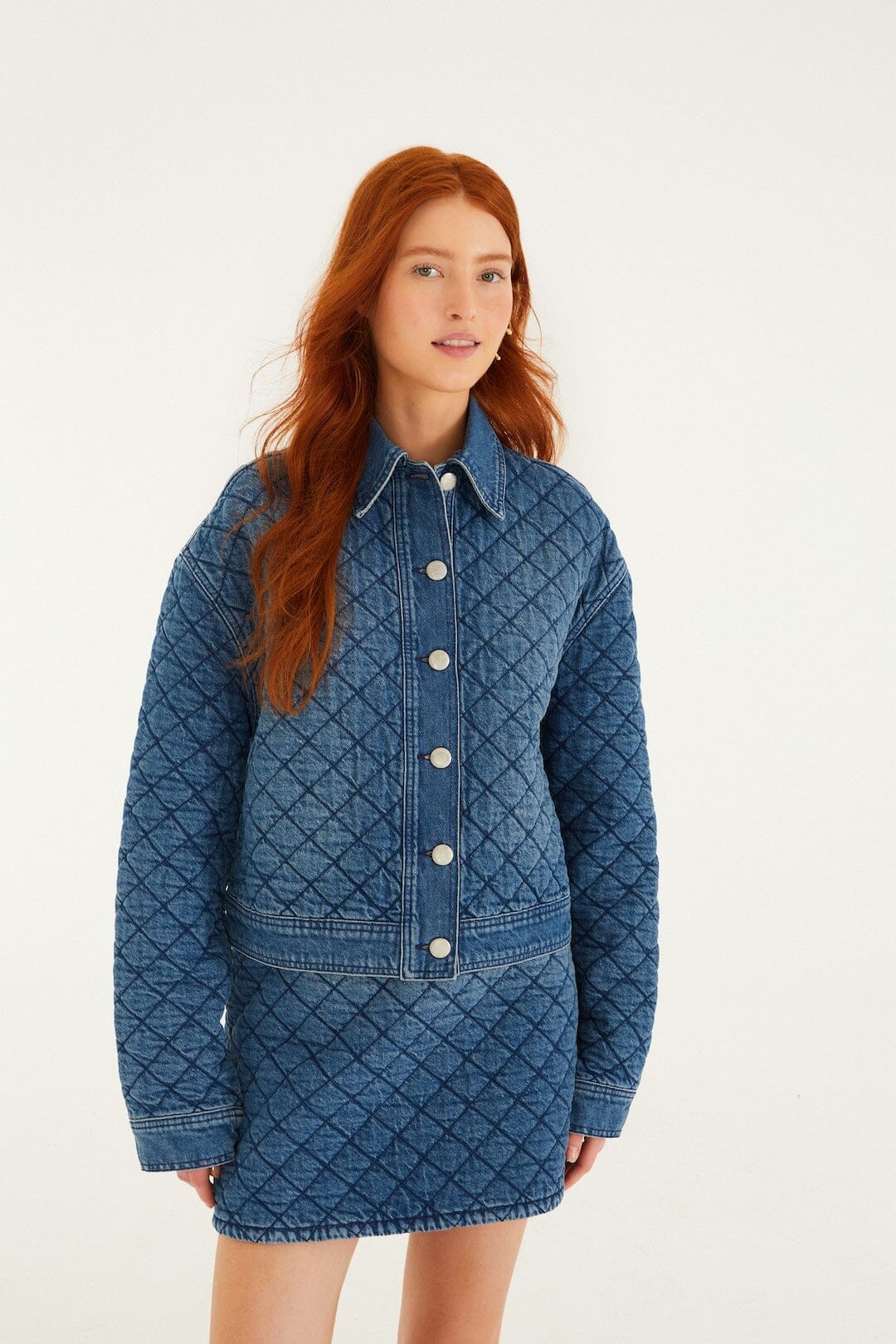 Denim Buttoned Quilted Bomber Jacket - Image 4