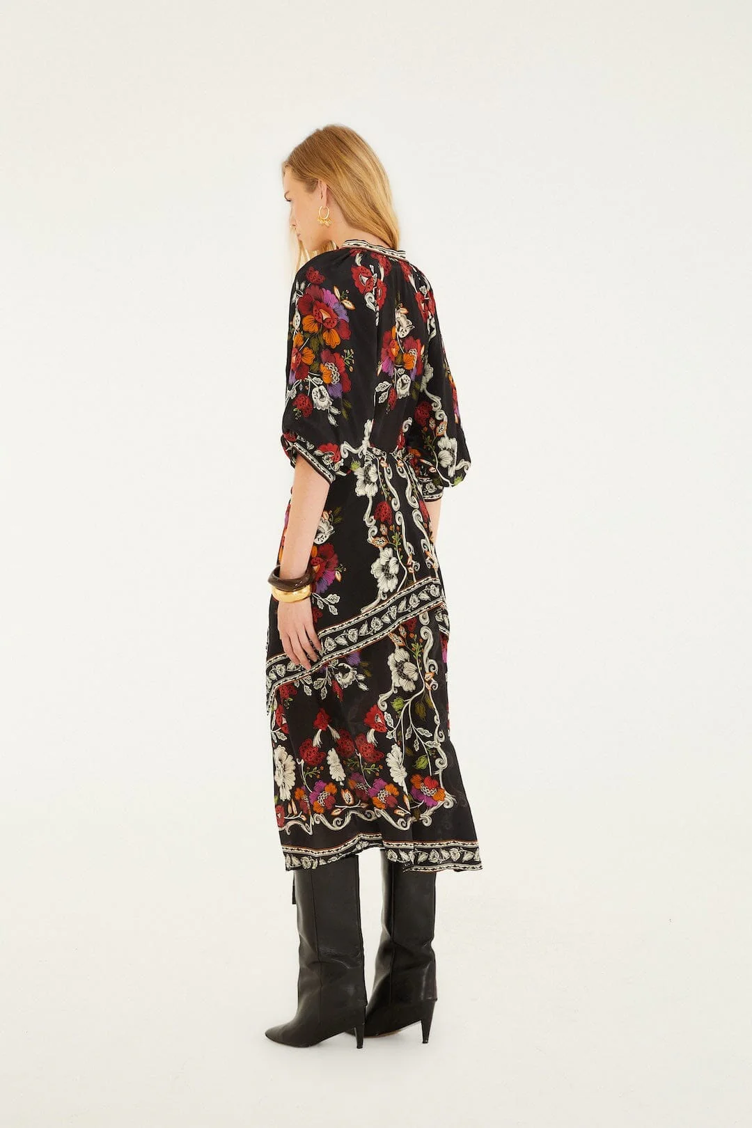 Black Rococo Flowers Belted Midi Dress - Image 3