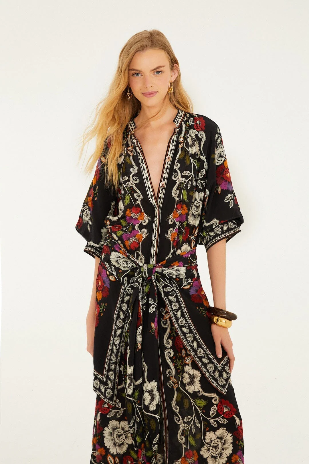 Black Rococo Flowers Belted Midi Dress - Image 4