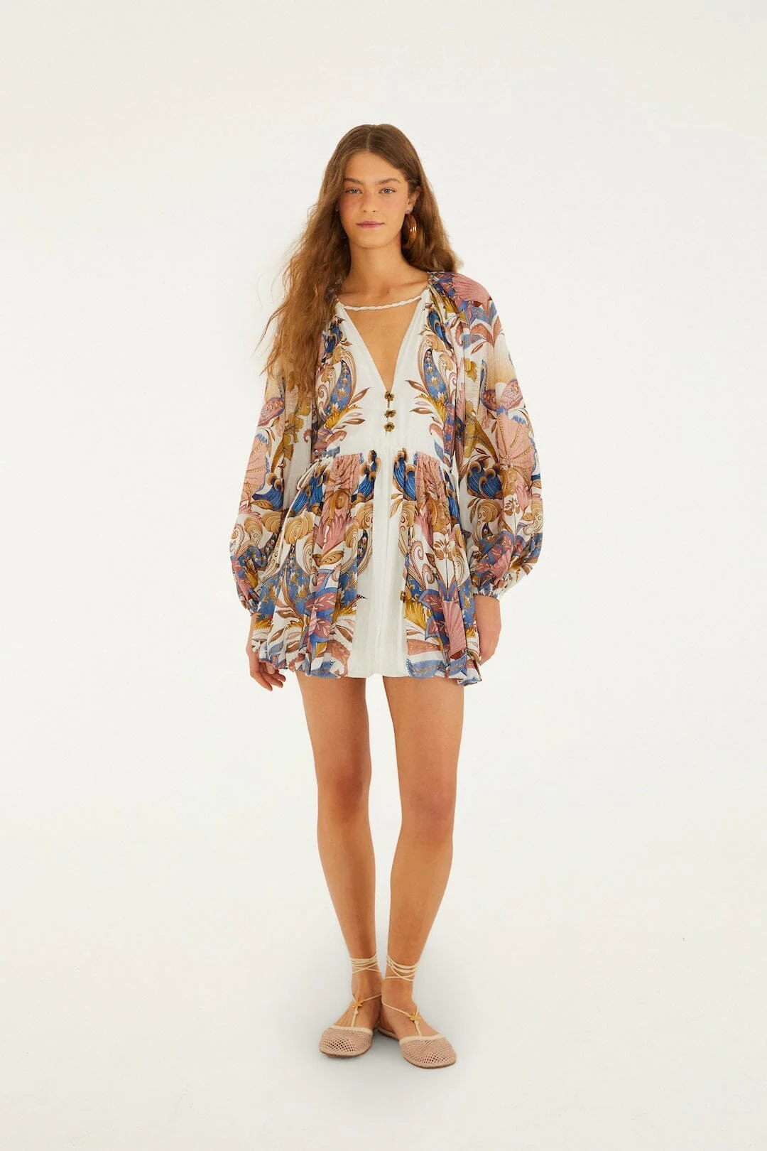 Off-White Sea Garden Puff Sleeve Mini Bubble Dress - Image 4