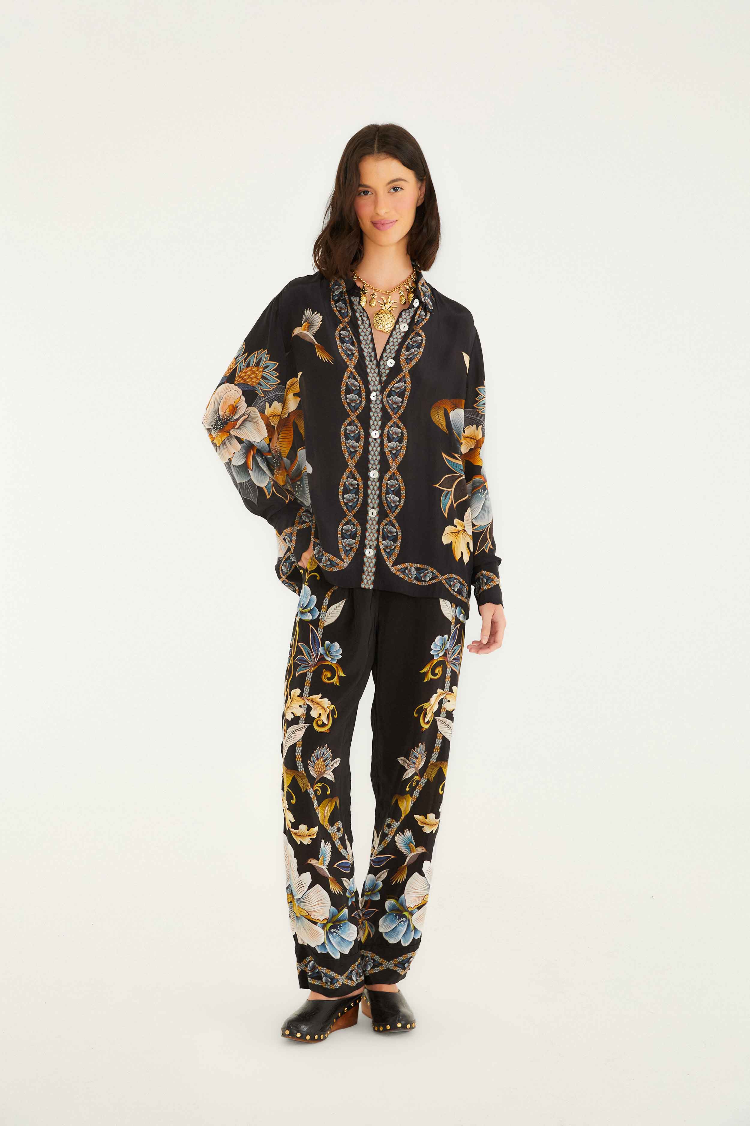 Black Floral Snake Pajama Shirt - Image 3