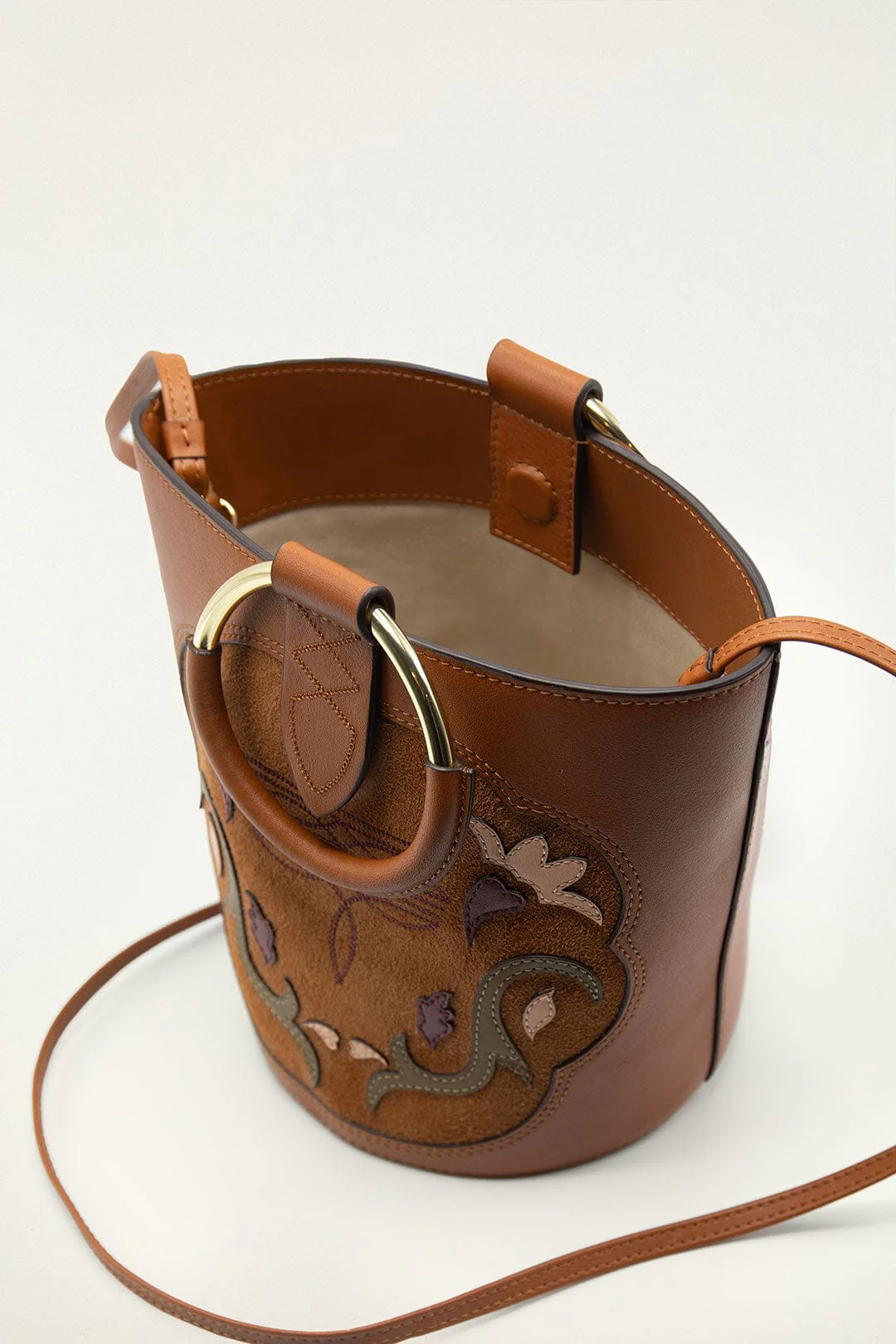 Brown Western Embroidered Leather Bucket Bag - Image 3