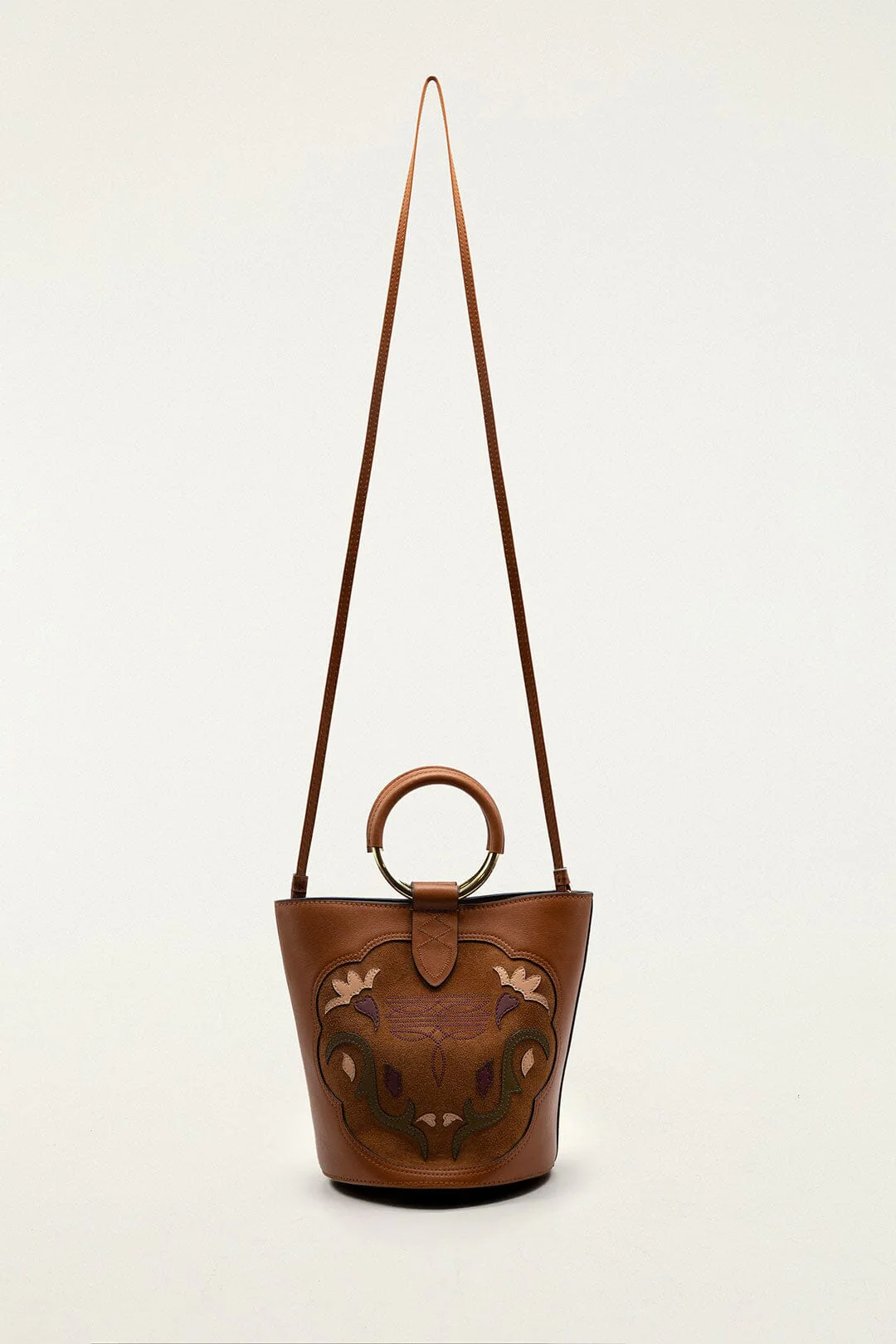 Brown Western Embroidered Leather Bucket Bag - Image 5